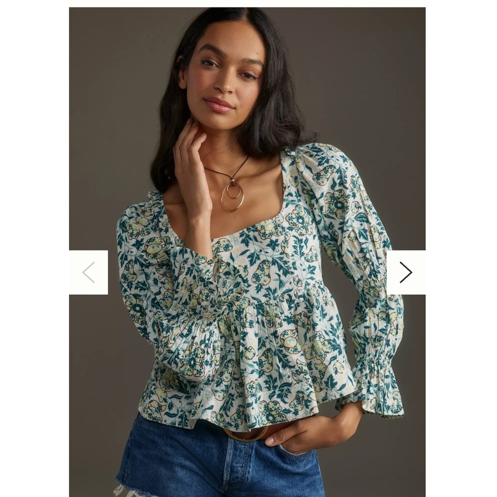 Pilcro Anthropologie Floral Peplum Blouse Square Neck‎ Open Back Tie Blue Yellow